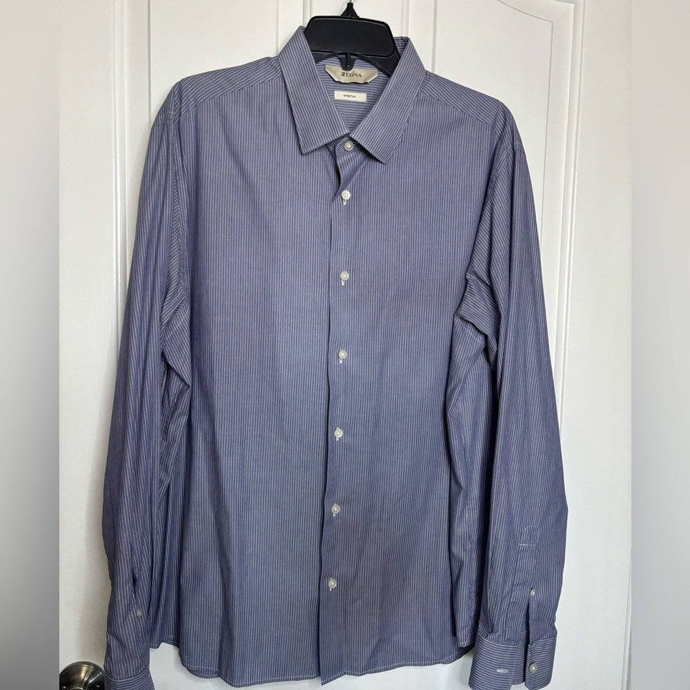 EUC ZEGNA Stretch Men's Blue Striped Shirt size XXL